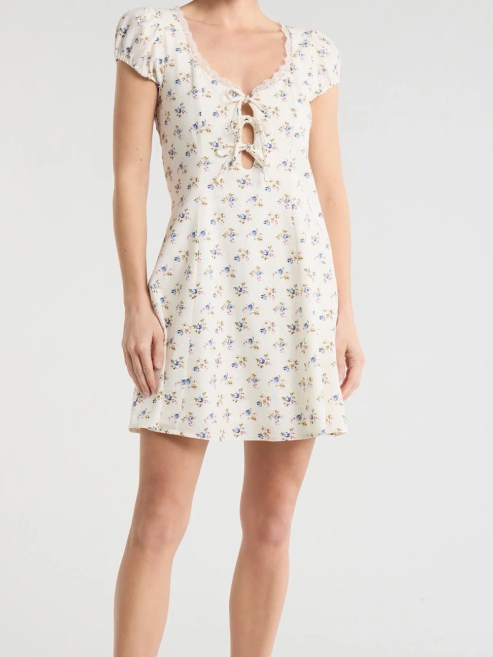 NEW WAYF Linen Cream Floral Tie-Front Mini Dress